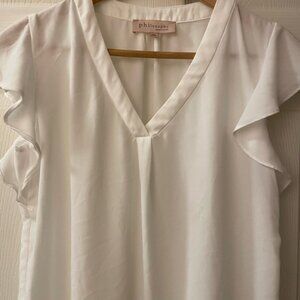 Philosophy Winter White Short Sleeve Blouse V Neck, SMALL Polyester